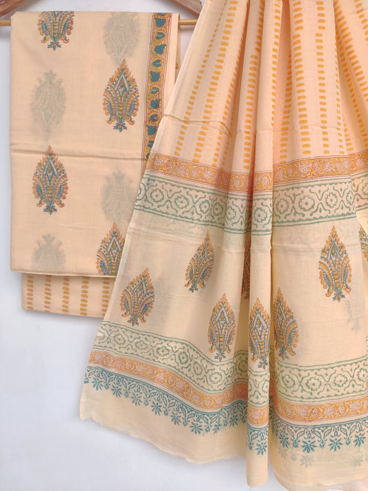 Hand Block Printed Unstitched Cotton Suit with Mulmul Dupatta