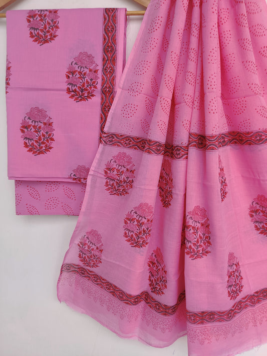 Hand Block Printed Unstitched Cotton Suit with Mulmul Dupatta