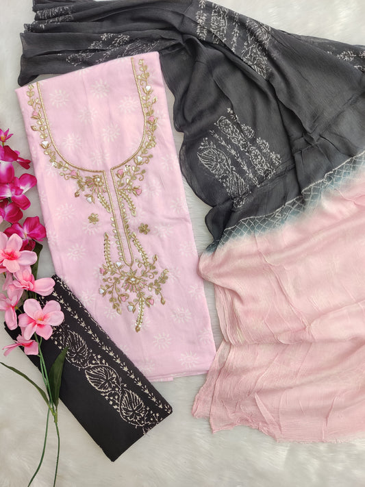 FLORAL PRINTED COTTON GOTA PATTI SUIT WITH CHIFFON DUPATTA
