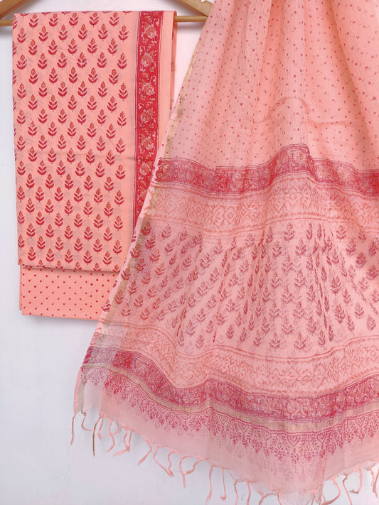 Hand Block Printed Cotton Suit with Cotton Kota Doria dupatta