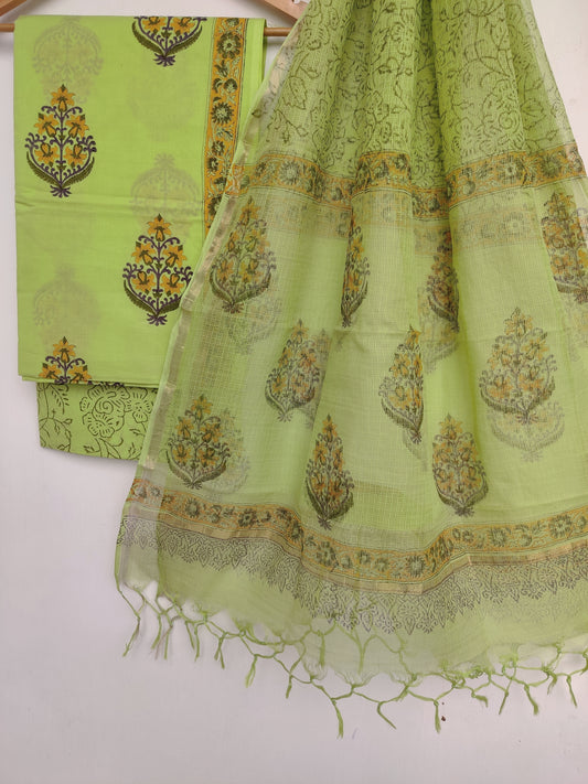 Hand Block Printed Cotton Suit with Cotton Kota Doria dupatta