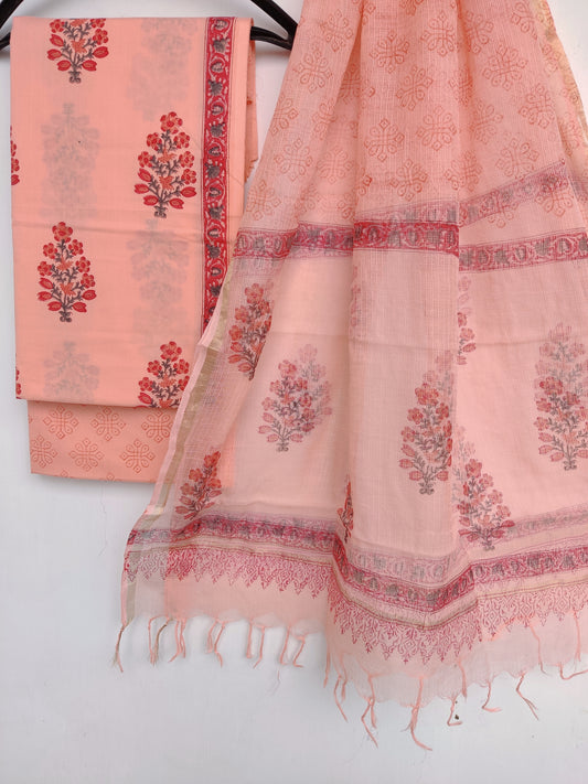 Hand Block Printed Cotton Suit with Cotton Kota Doria dupatta
