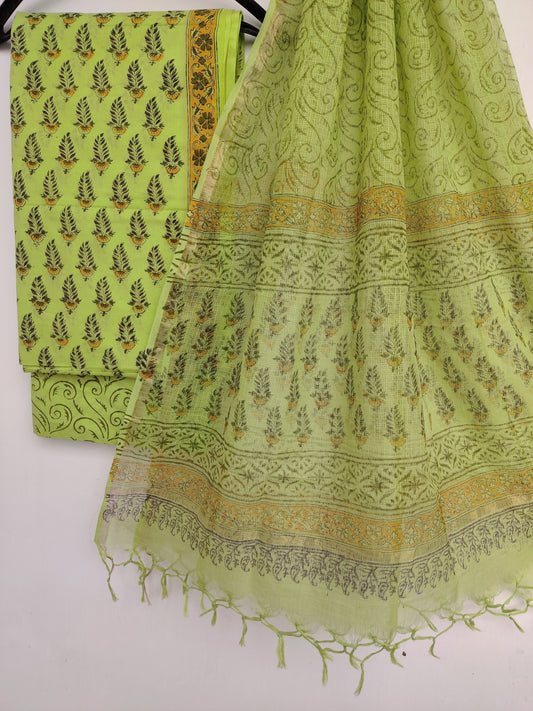 Hand Block Printed Cotton Suit with Cotton Kota Doria dupatta