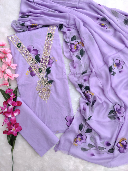 FLORAL PRINTED COTTON GOTA PATTI SUIT WITH CHIFFON DUPATTA