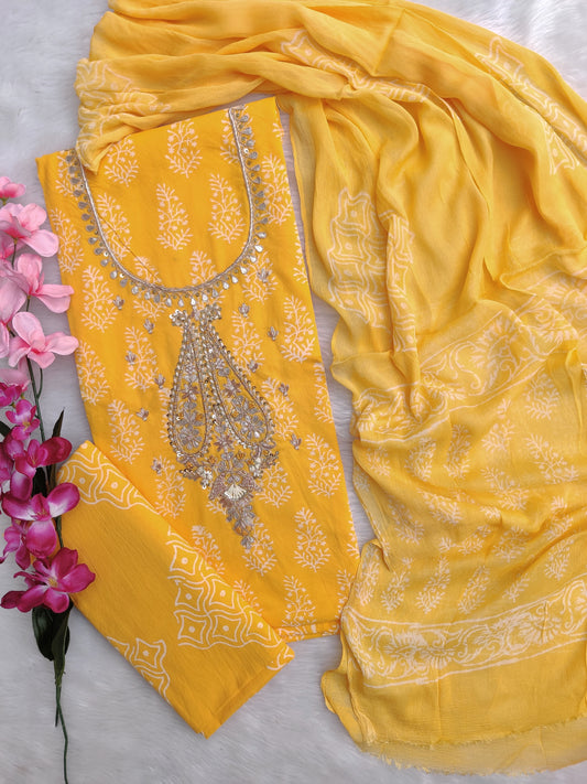 FLORAL PRINTED COTTON GOTA PATTI SUIT WITH CHIFFON DUPATTA