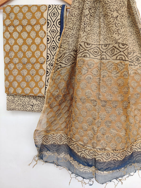 (KALAMKARI) Hand Block Printed Cotton Suit with Cotton Kota Doria dupatta
