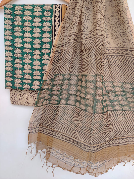 (KALAMKARI) Hand Block Printed Cotton Suit with Cotton Kota Doria dupatta