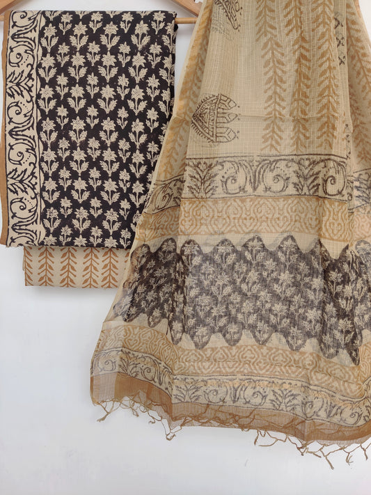 (KALAMKARI) Hand Block Printed Cotton Suit with Cotton Kota Doria dupatta