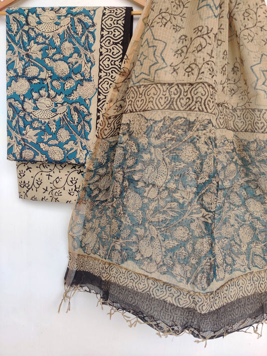 (KALAMKARI) Hand Block Printed Cotton Suit with Cotton Kota Doria dupatta