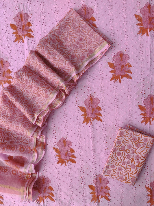 Hand Block Printed Cotton Schiffli Suit with Kota Doria Dupatta