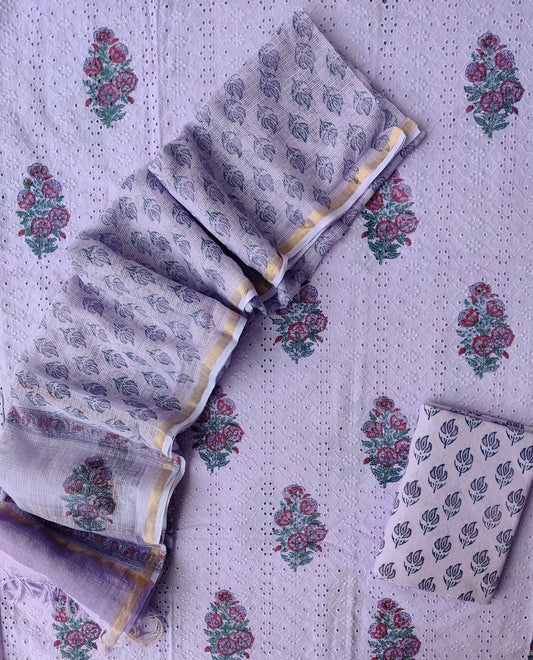 Hand Block Printed Cotton Schiffli Suit with Kota Doria Dupatta