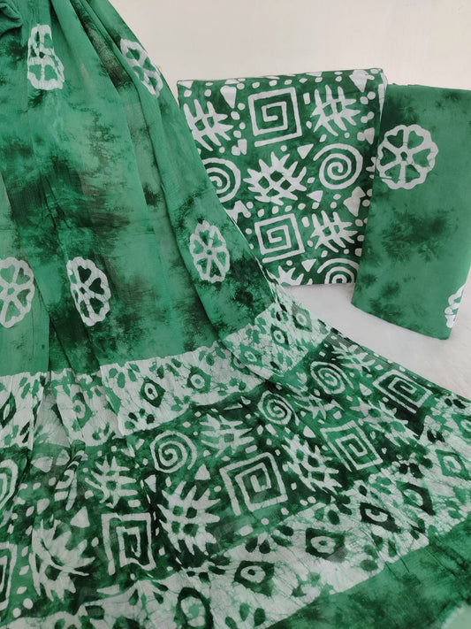 BATIK PRINTED COTTON SUIT WITH PURE CHIFFON DUPATTA