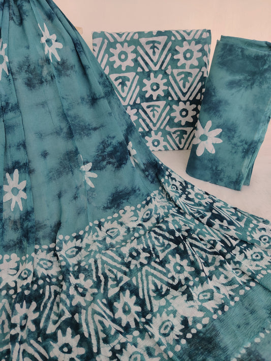 BATIK PRINTED COTTON SUIT WITH PURE CHIFFON DUPATTA