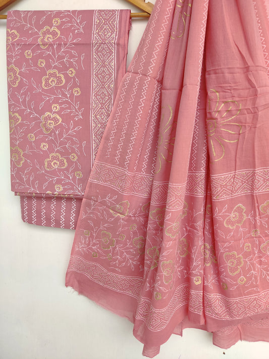 (KHADI GOLD) Hand Block Printed Unstitched Cotton Suit with Mulmul Dupatta