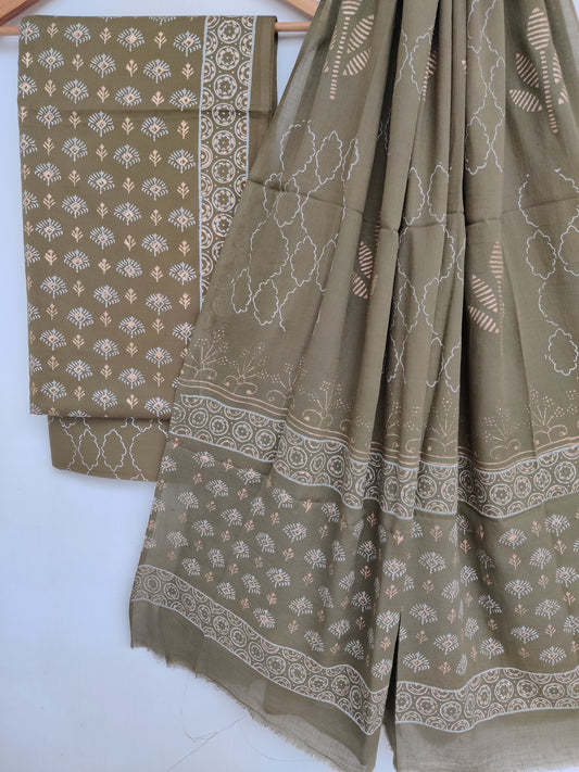 (KHADI GOLD) Hand Block Printed Unstitched Cotton Suit with Mulmul Dupatta