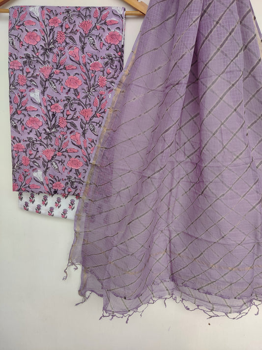 BLOCK PRINTED COTTON SUIT WITH LEHRIYA KOTA DORIA DUPATTA