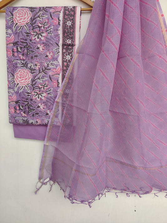 BLOCK PRINTED COTTON SUIT WITH LEHRIYA KOTA DORIA DUPATTA