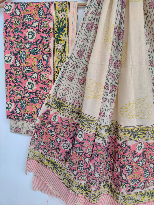 (KHADI GOLD) Hand Block Printed Unstitched Cotton Suit with Mulmul Dupatta