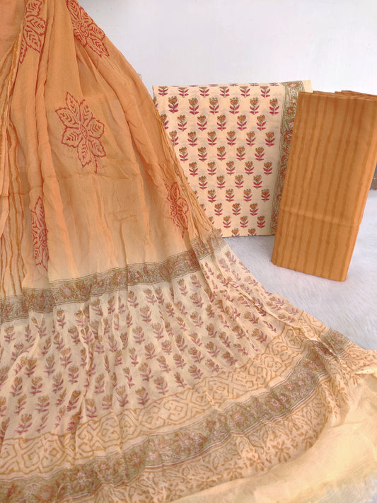 HAND BLOCK PRINTED COTTON SUIT WITH PURE CHIFFON DUPATTA