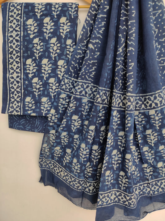 (INDIGO DABU) Hand Block Printed Unstitched Cotton Suit with Mulmul Dupatta