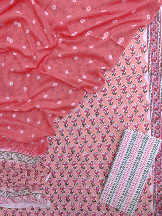 Hand Block Printed Cotton Suits with Mulmul Bandhej Dupatta