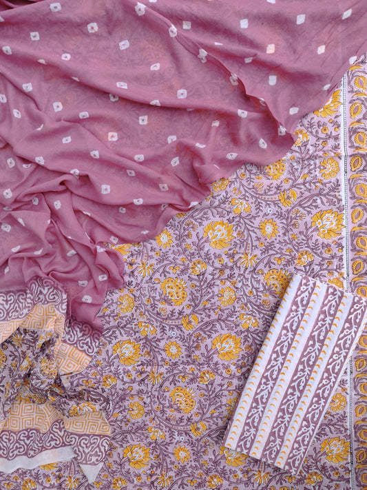 Hand Block Printed Cotton Suits with Mulmul Bandhej Dupatta