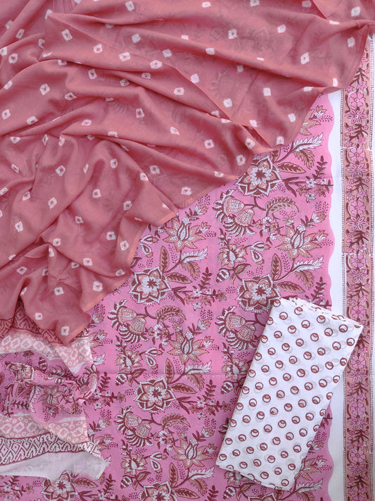 Hand Block Printed Cotton Suits with Mulmul Bandhej Dupatta