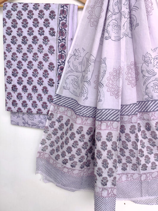 Hand Block Printed Unstitched Cotton Suit with Mulmul Dupatta
