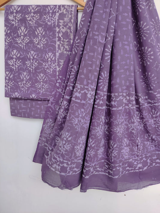 (DABU) Hand Block Printed Unstitched Cotton Suit with Mulmul Dupatta