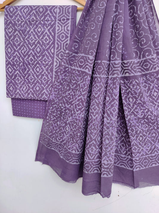 (DABU) Hand Block Printed Unstitched Cotton Suit with Mulmul Dupatta