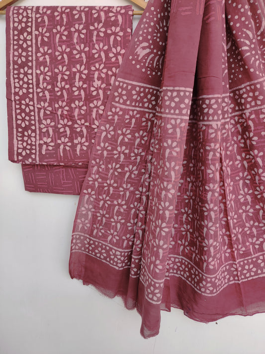 (DABU) Hand Block Printed Unstitched Cotton Suit with Mulmul Dupatta