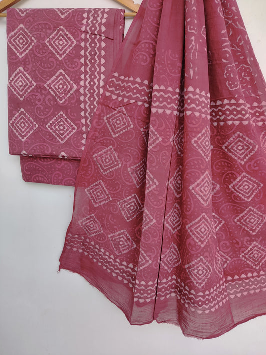 (DABU) Hand Block Printed Unstitched Cotton Suit with Mulmul Dupatta