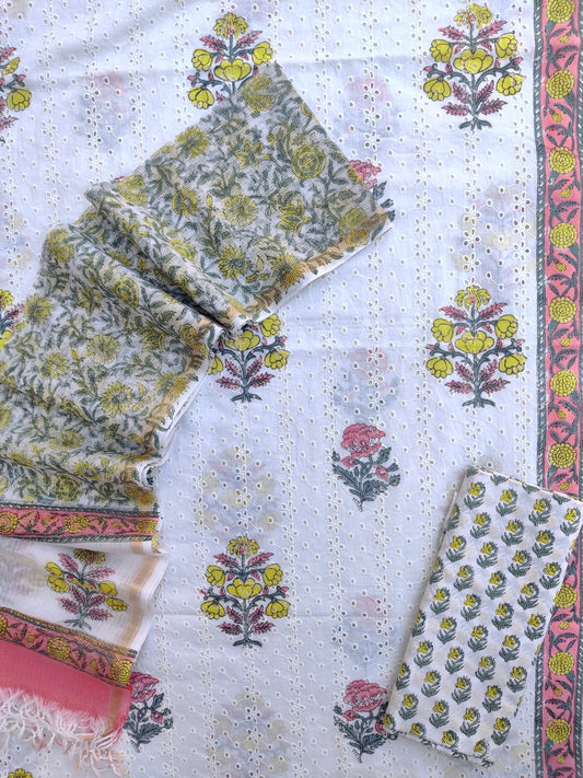 Hand Block Printed Cotton Schiffli Suit with Kota Doria Dupatta