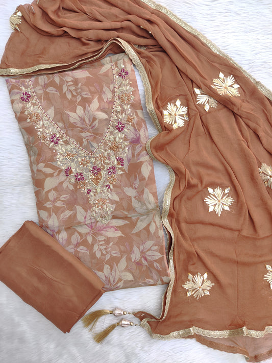 NEW LAUNCH            Exclusive Unstitched  Cosmos Shimmer Tissue Silk Suit with Chiffon with Gota Patti Work
