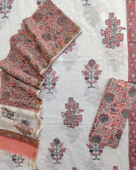 Hand Block Printed Cotton Schiffli Suit with Kota Doria Dupatta