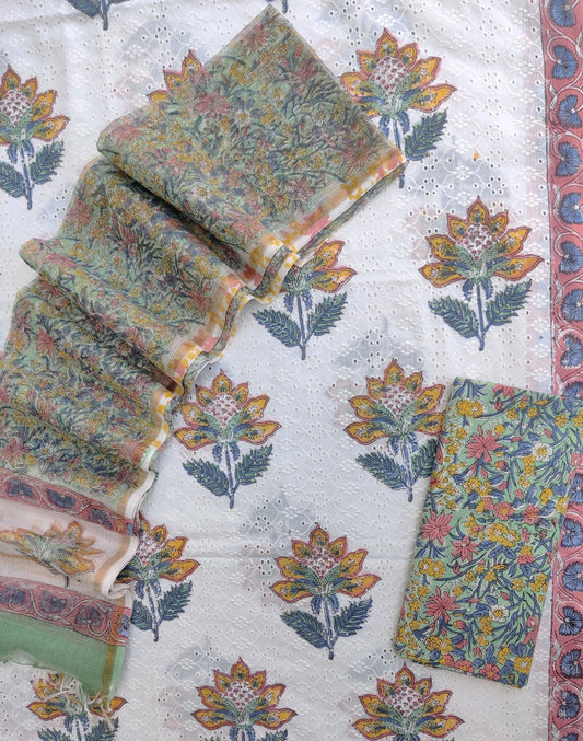 Hand Block Printed Cotton Schiffli Suit with Kota Doria Dupatta