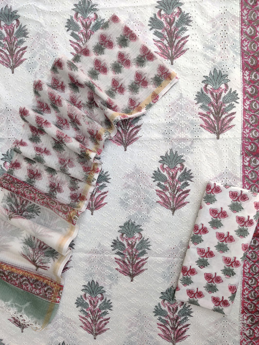 Hand Block Printed Cotton Schiffli Suit with Kota Doria Dupatta