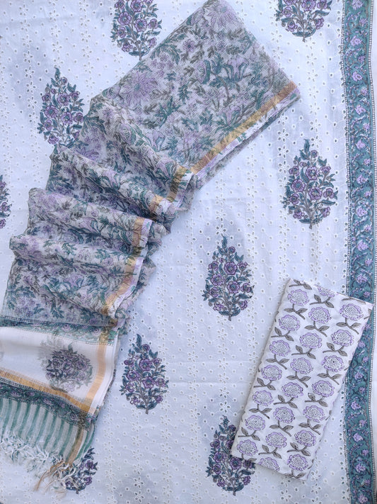 Hand Block Printed Cotton Schiffli Suit with Kota Doria Dupatta