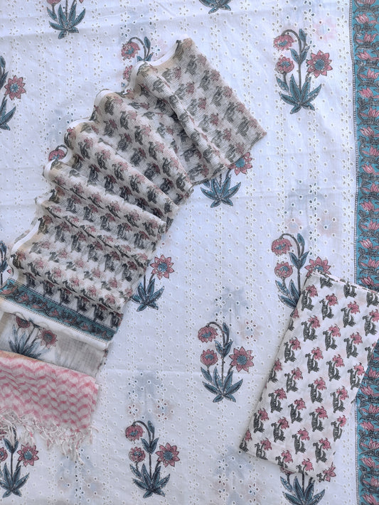 Hand Block Printed Cotton Schiffli Suit with Kota Doria Dupatta
