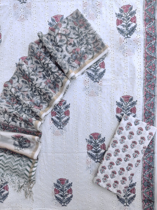 Hand Block Printed Cotton Schiffli Suit with Kota Doria Dupatta