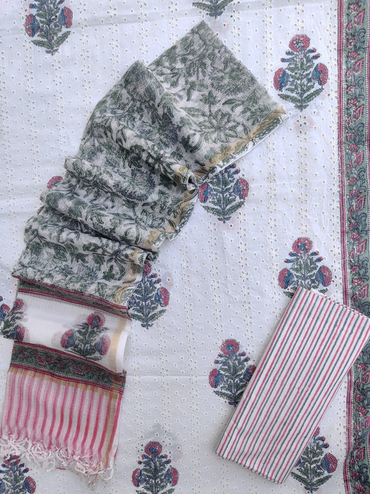 Hand Block Printed Cotton Schiffli Suit with Kota Doria Dupatta