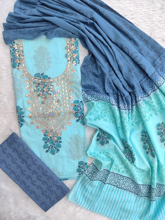 FLORAL PRINTED COTTON GOTA PATTI SUIT WITH COTTON DUPATTA