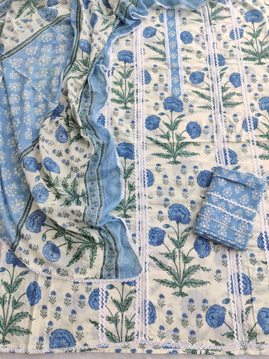 Exclusive Cotton Printed Neck Work Suits with mulmul dupatta
