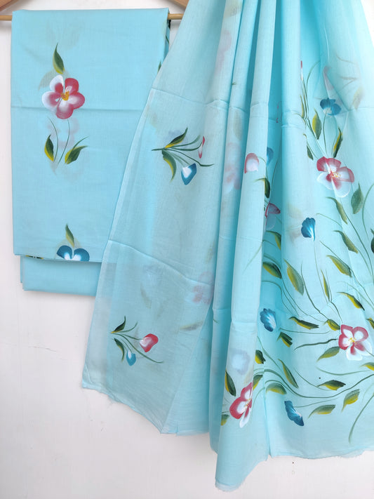 Hand Painted Unstitched Cotton Suit with Mulmul Dupatta