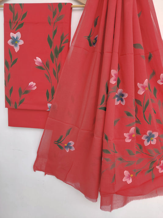 Hand Painted Unstitched Cotton Suit with Mulmul Dupatta