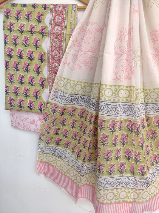 Hand Block Printed Unstitched Cotton Suit with Mulmul Dupatta