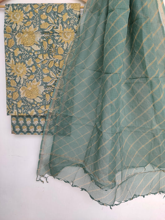 BLOCK PRINTED COTTON SUIT WITH LEHRIYA KOTA DORIA DUPATTA