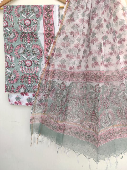 Hand Block Printed Cotton Suit with Cotton Kota Doria dupatta
