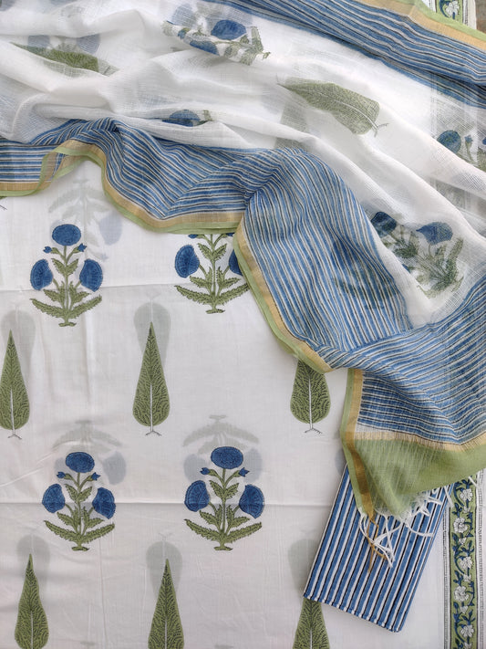 Hand Block Printed Cotton Suit with Cotton Kota Doria dupatta