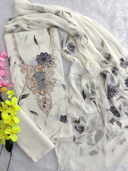FLORAL PRINTED COTTON GOTA PATTI SUIT WITH CHIFFON DUPATTA